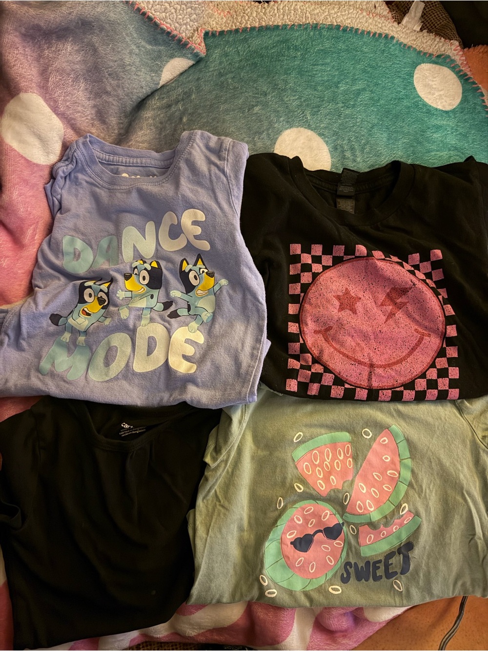 Lavender "Dance Mode" bluey, a black happy pink happy face, black olive green